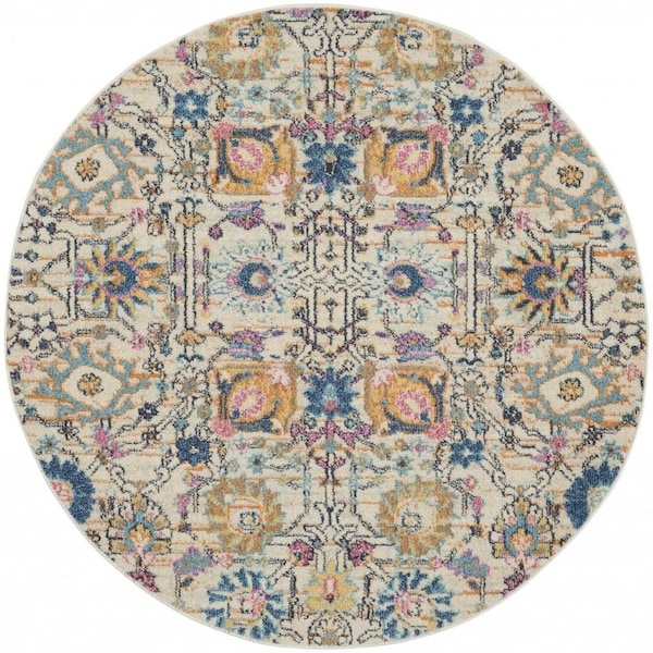Homeroots 5 ft. Round Ivory & Multi Color Floral Buds Area Rug 385213 - main